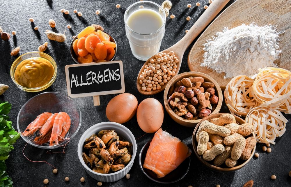 Composition with common food allergens including egg, milk, soya, nuts, fish, seafood, wheat flour, mustard, dried apricots and celery